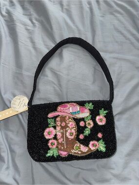 Black Beaded Shoulder Bag with Cowboy Boot and Flower Design New with Tags
